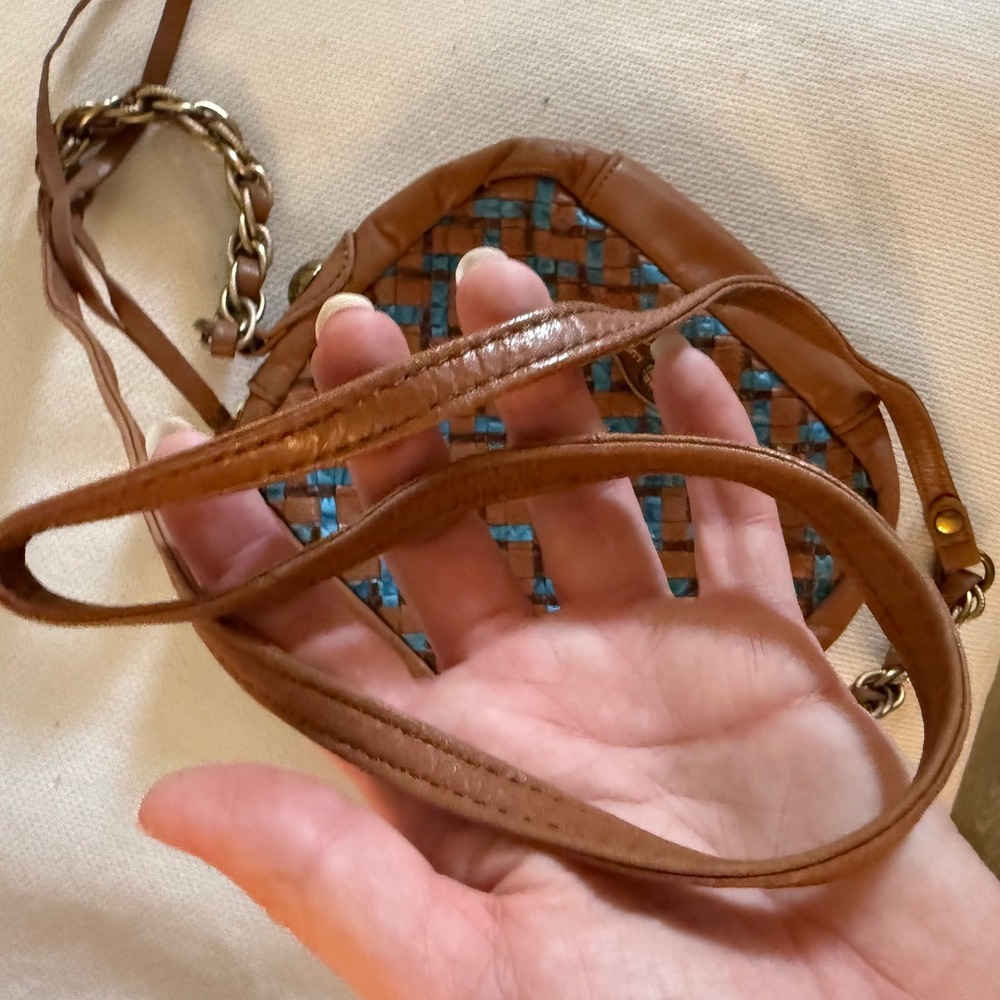 Elliott Lucca Brown Blue Weave Leather Crossbody Purse Bag brass gold chain zip - Picture 7 of 11